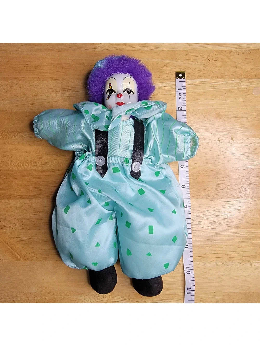 Vintage Porcelain Clown Doll with Purple Hair and Polka Dot Outfit